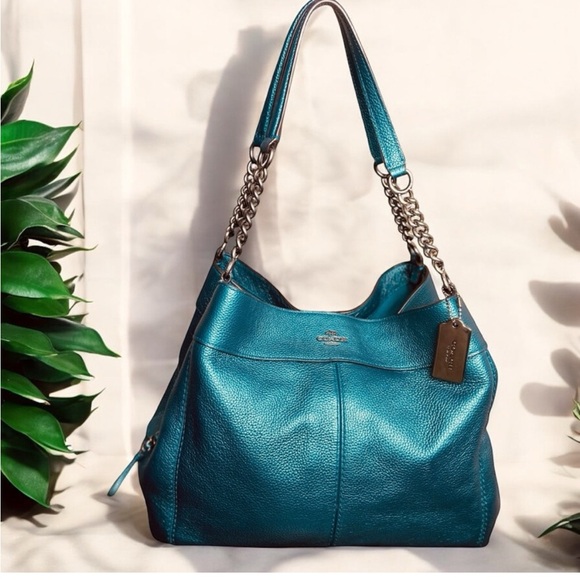 Coach Metallic TealLexy Leather Shoulder Bag with Gunmmetal Hardware. $398 Ret